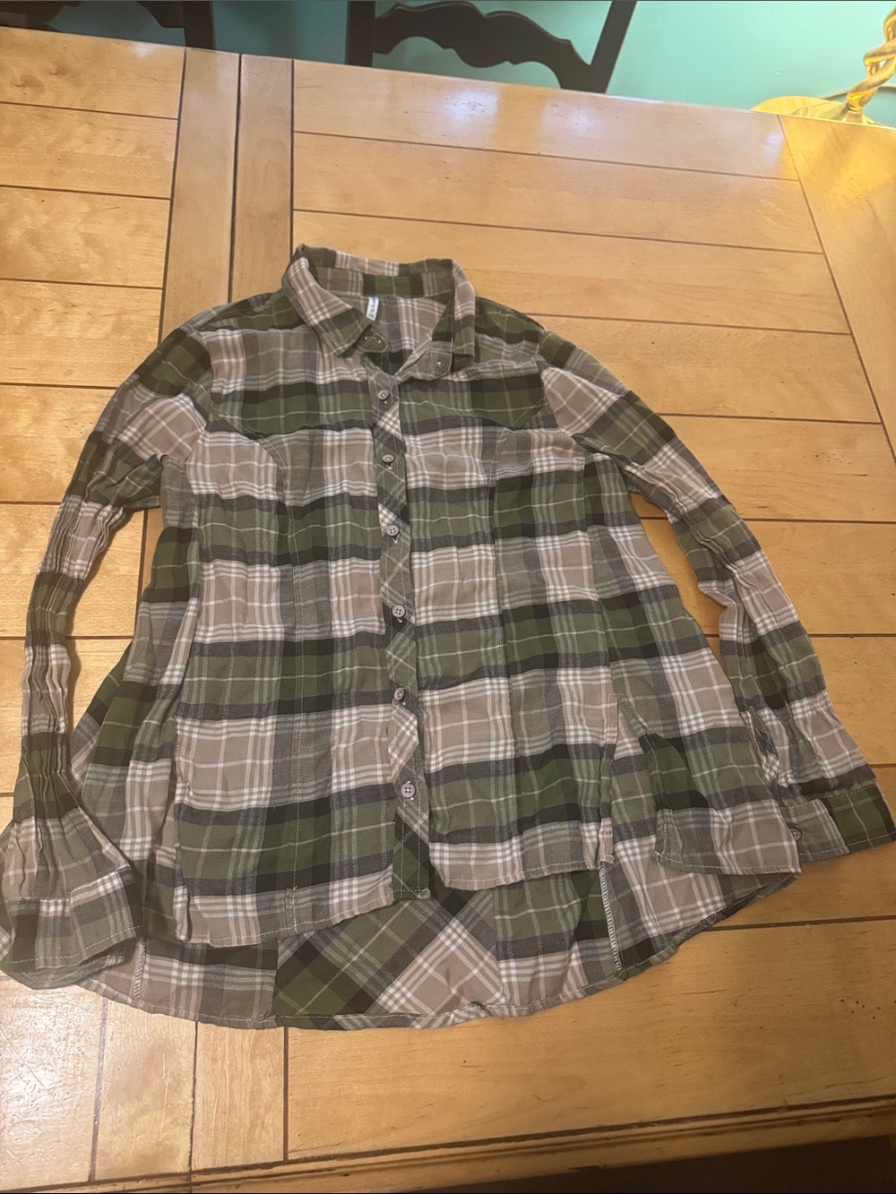 Passport Green and Gray Plaid Button-Up Blouse